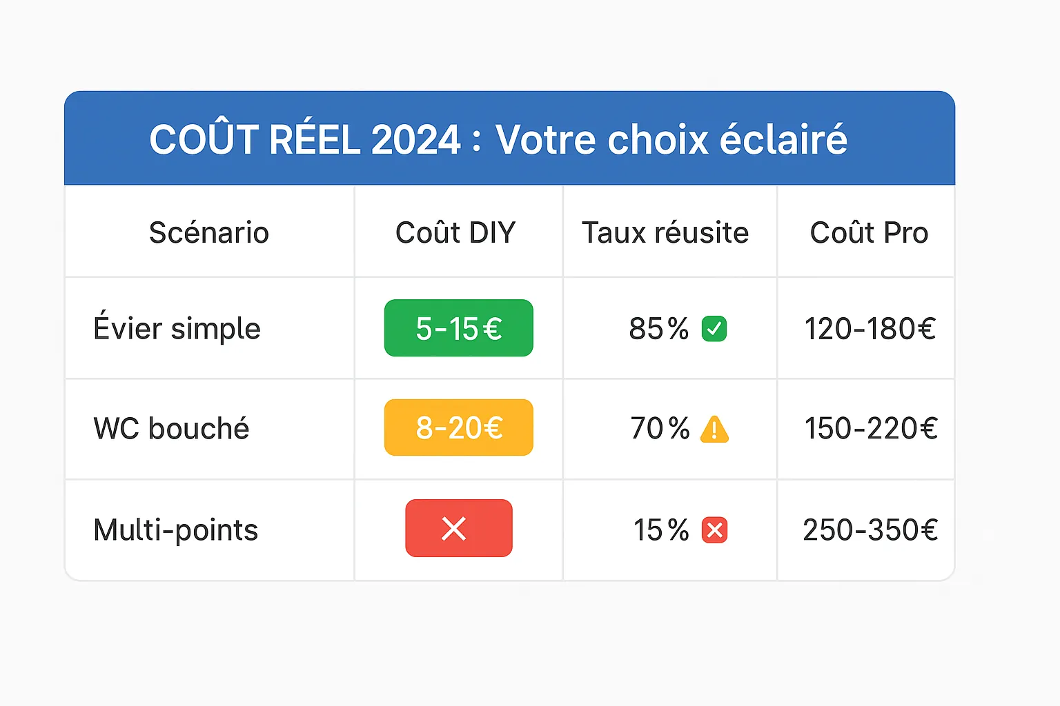 Tableau comparatif coûts DIY vs Pro 2024 - Débouchage canalisations